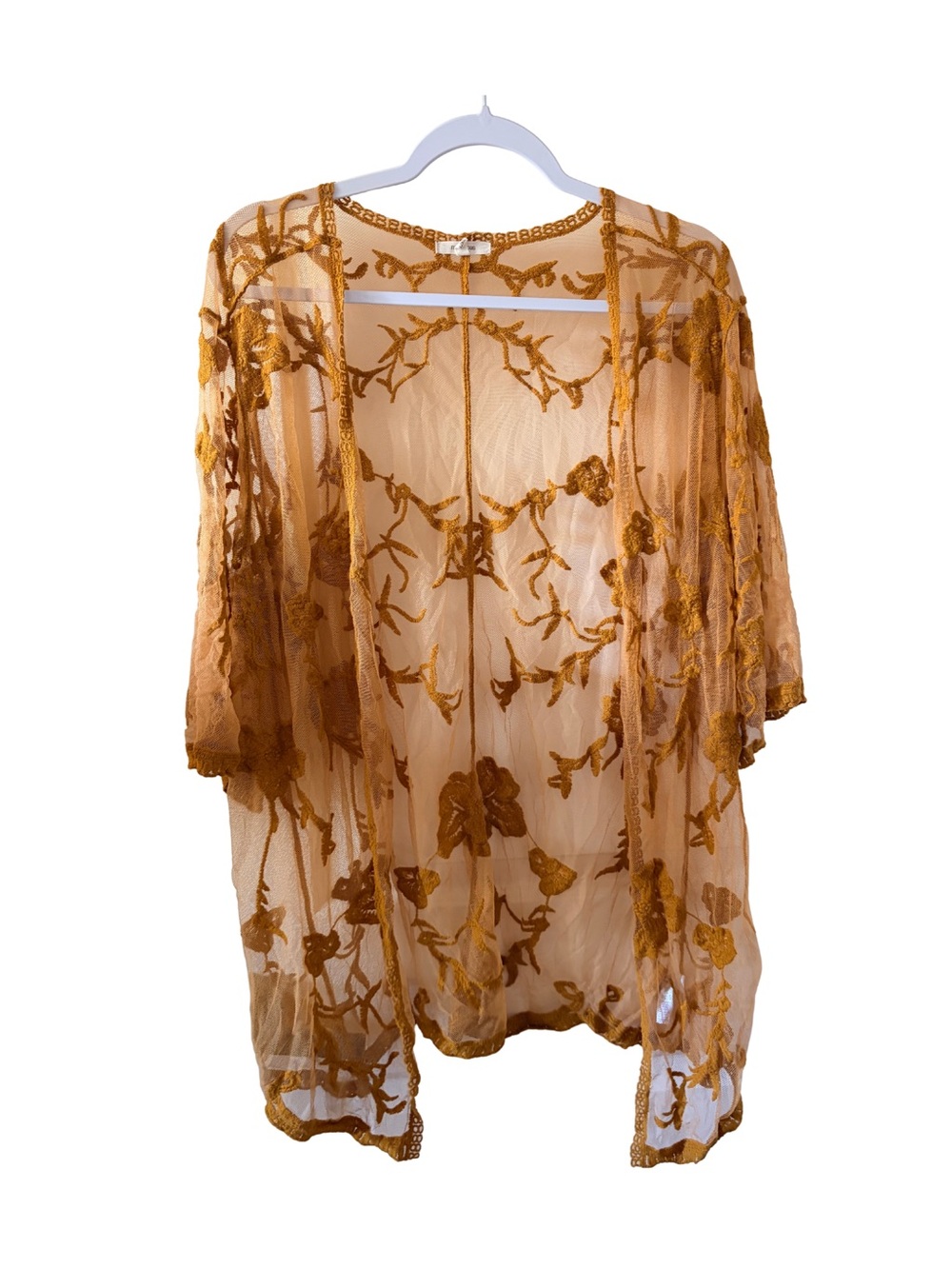 Sheer Embroidered Kimono Cardigan - Mustard